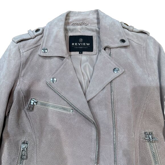 REVIEW Jacket Women’s Small 100% Leather Pink Belted Velour Motorcycle Jacket - Picture 7 of 9